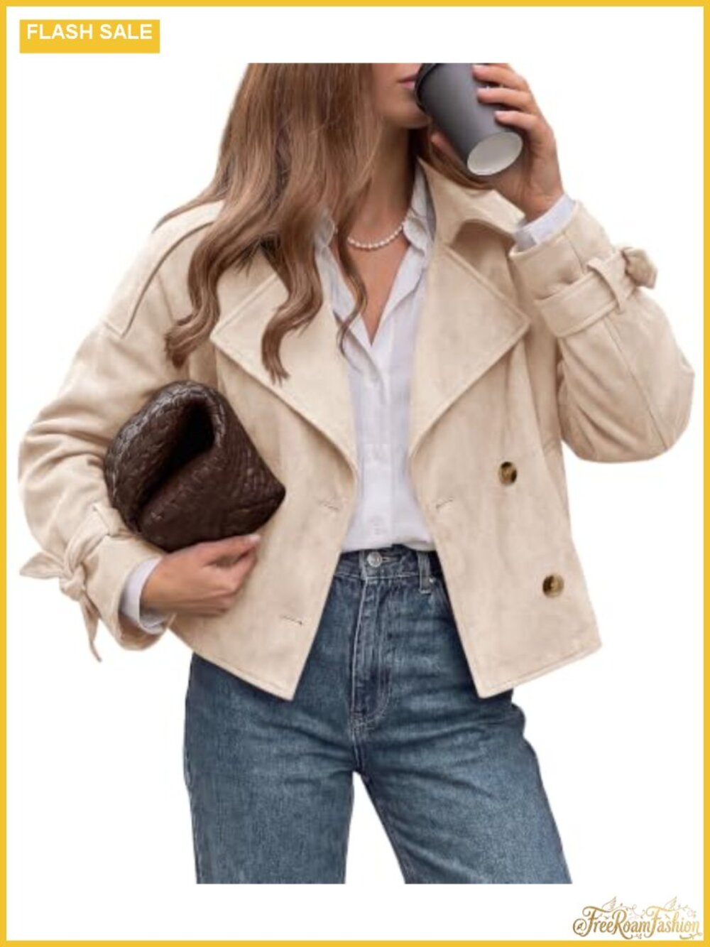 Women Faux Suede Double Breasted Cropped Trench Coat Jacket